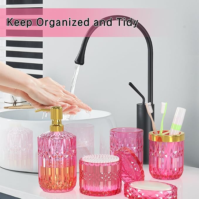 Hot-Pink Glass Bathroom Accessories Set 5 Pcs, Hot-Pink Bathroom Set, Soap - Image 4