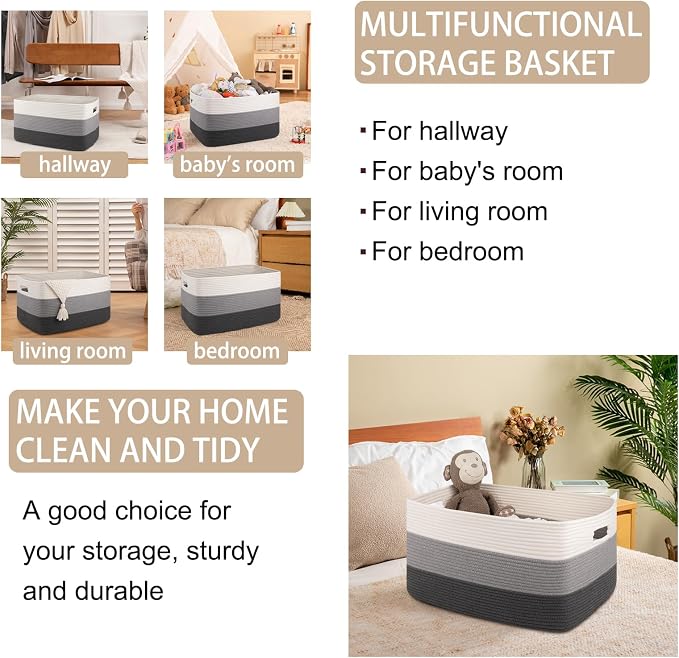 OIAHOMY Large Blanket Basket For Living Room, Rectangle Woven Baskets for - Image 4
