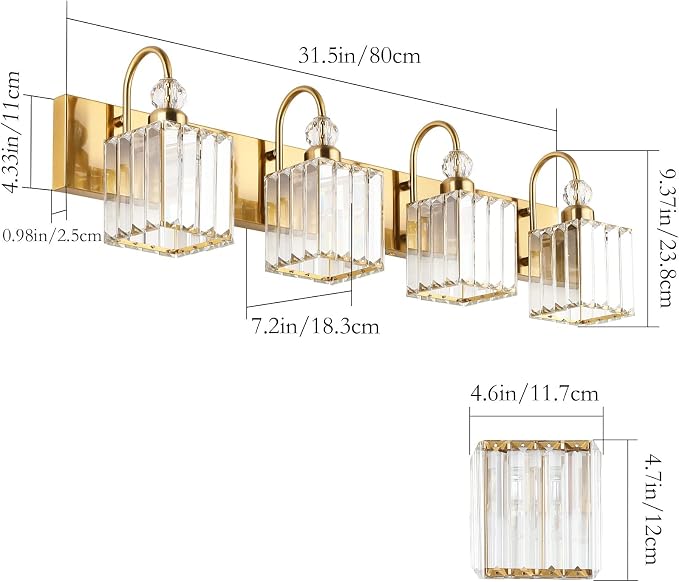 Ralbay Crystal Gold Bathroom Vanity Lights 4-Lights Vanity Lights Over Mirror - Image 4