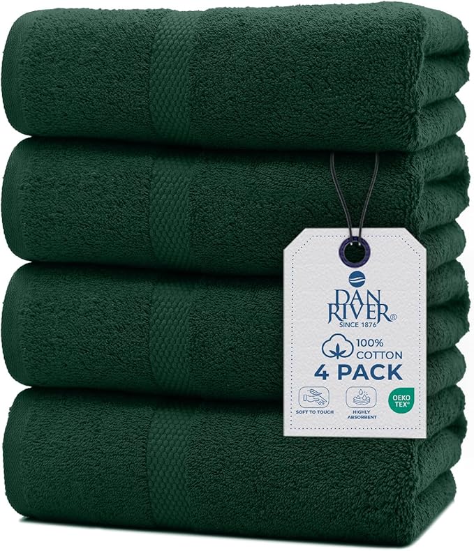 DAN RIVER Bath Towels Set of 4, 27 x 54 Inches, 100% Cotton, Larger & Lighter by DanRiver