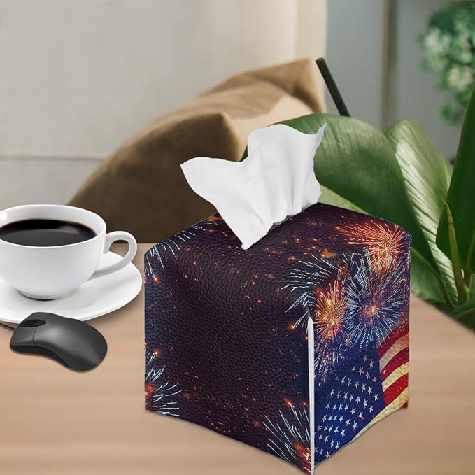 Firework American Flag Tissue Box Holder Square PU Leather Tissue Organizer Case - Image 4