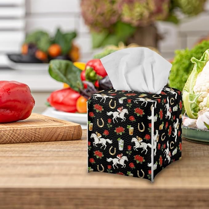 Rose Racing Horse Decorative Tissue Box Cover, Waterproof PU Leather Square - Image 5