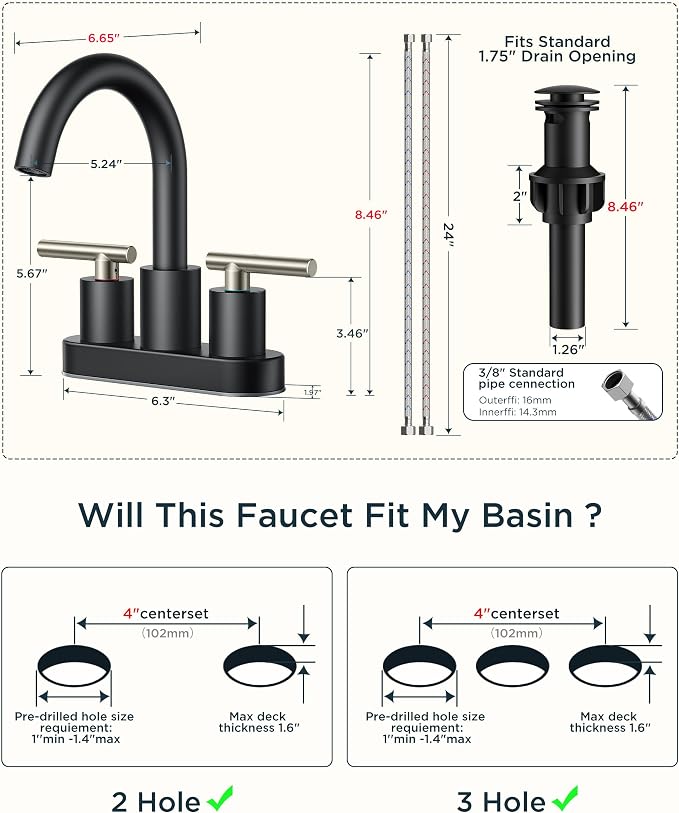 FORIOUS 4 Inch Centerset Bathroom Sink Faucet Black and Brushed Nickel - Image 9
