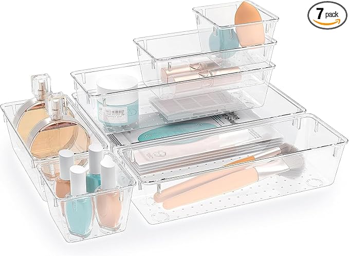 7 PCS Clear Plastic Drawer Organizers Set, 4 Size Desk Drawer Organizer Trays by StorMiracle