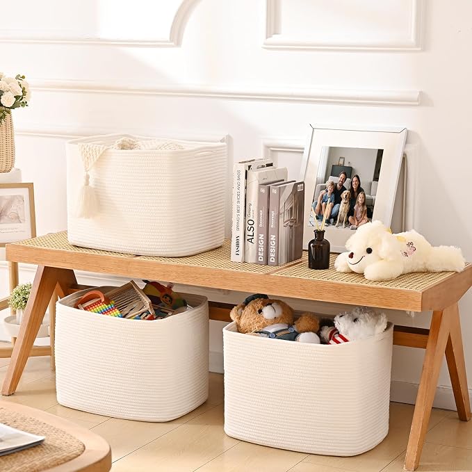 3 Pack Cube Storage Bin, 17”x12”x12” Cotton Rope Woven Baskets - Image 3