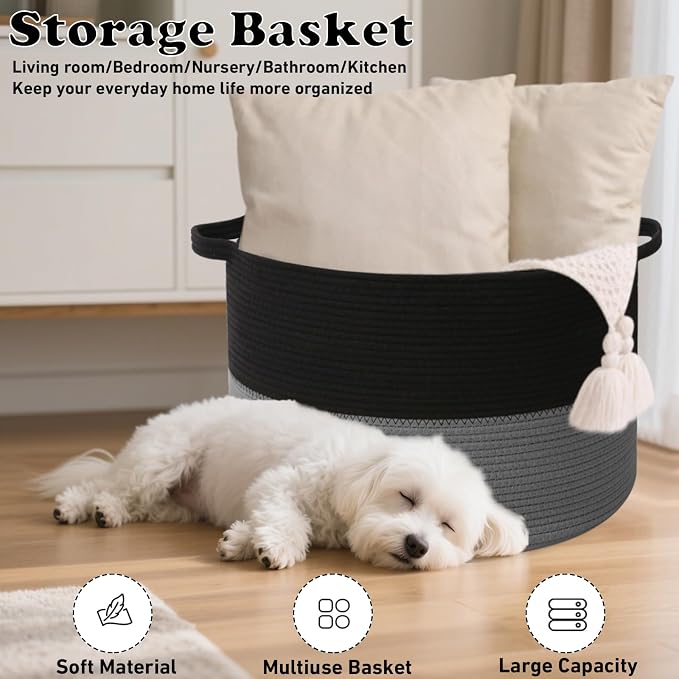 115L Large Blanket Basket, 23.6"L x 23.6"W x 15.7"H Rope Woven Baskets - Image 6