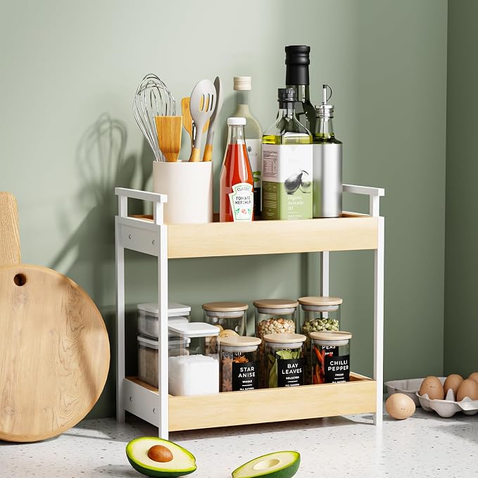 KLM Countertop Coffee Station Organizer, 2 Tier Wooden Shelf - Image 4