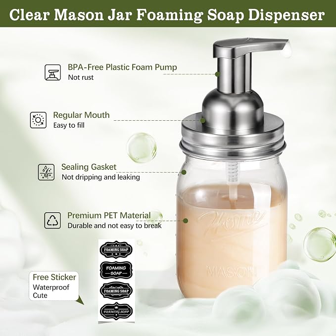 Amolliar Plastic Mason Jar Foaming Soap Dispenser - Image 2