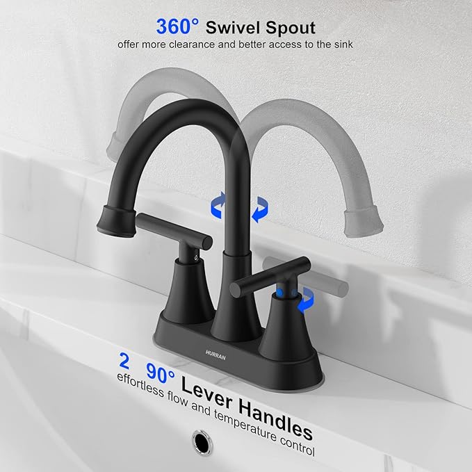 Bathroom Faucets for Sink 3 Hole, Hurran 4 inch Matte Black - Image 3