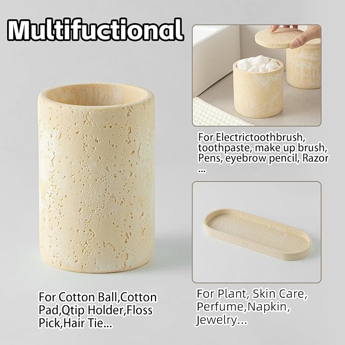 Bathroom Accessories Set, Travertine Stone-Look, Toothbrush Holder, Vanity Tray - Image 4