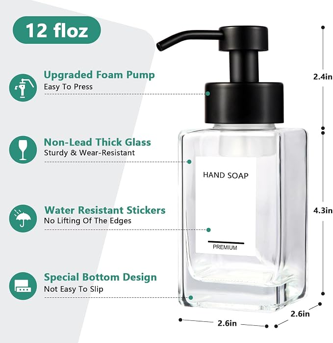 Foaming Soap Dispenser 2 Pack, 12oz/350ml Glass Foaming Hand Soap Dispenser Set - Image 2