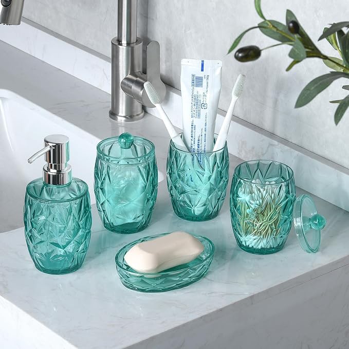 Shatterproof Acrylic Teal Blue Bathroom Accessories Set – Glass-Free, 5-Piece - Image 4