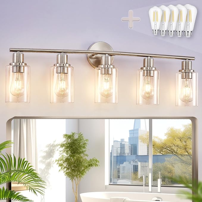 DLLT 5-Light Bathroom Light Fixtures: Nickel Modern Vanity Lights by DINGLILIGHTING