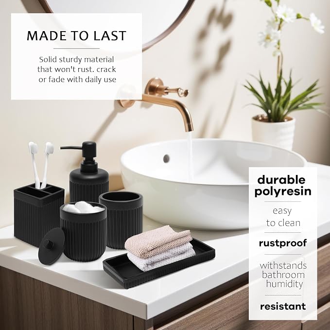 Matte Black Bathroom Sets with Shower Curtain and Rugs, 8-Piece Resin Bathroom - Image 2