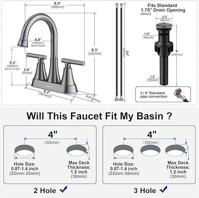 Bathroom Faucets for Sink 3 Hole, Hurran 4 inch Brushed Grey Bathroom Sink - Image 5