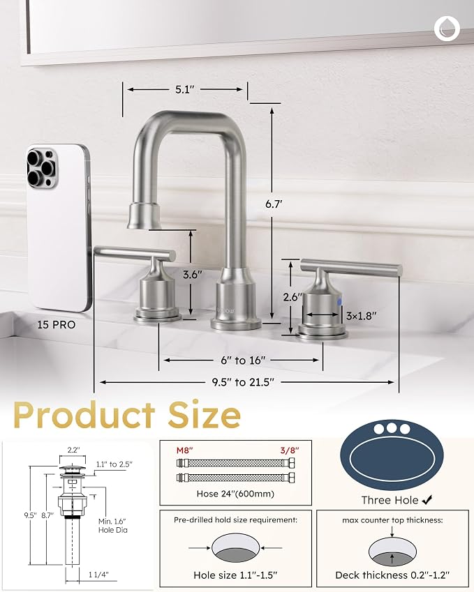 WOWOW 2 Handles 8 inch Widespread High Arc Bathroom Faucet Brushed Nickel - Image 7