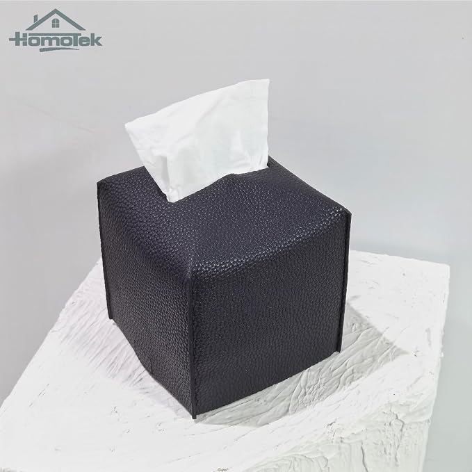 HOMOTEK 2 Pack Tissue Box Cover, Square PU Leather Tissue Holder, Decorative - Image 3