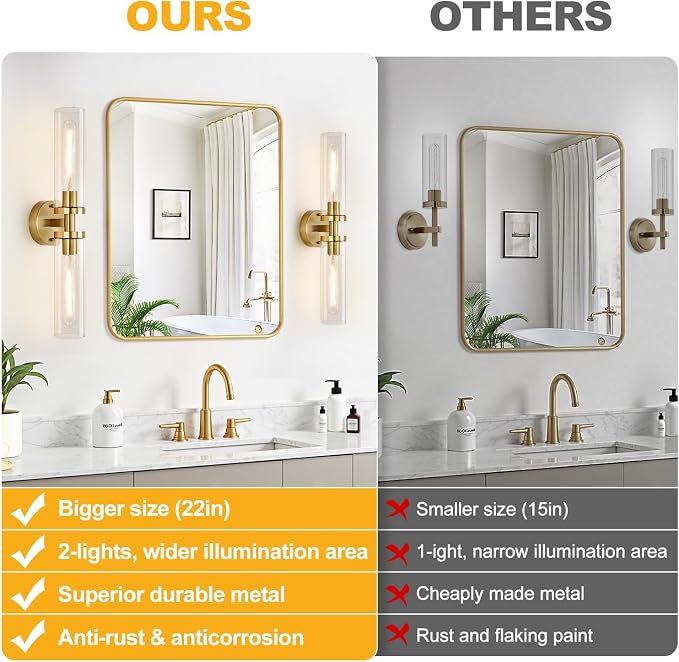 Brushed Gold Wall Sconces, Hardwired Bathroom Sconces Wall Lighting - Image 2