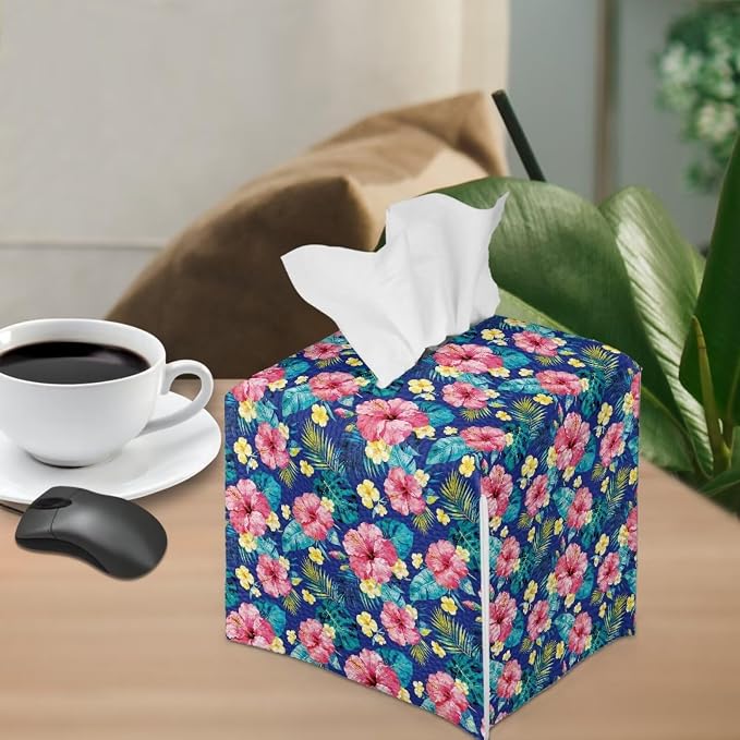 Tropical Flowers Tissue Box Cover, PU Leather Square Tissue Holder - Image 3