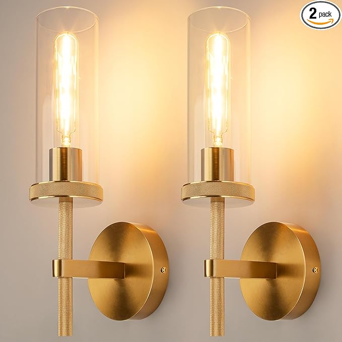 15" Knurled Gold Hardwired Wall Sconces Set of 2, Bathroom Vanity Light Fixtures by LightSpeaksFuture