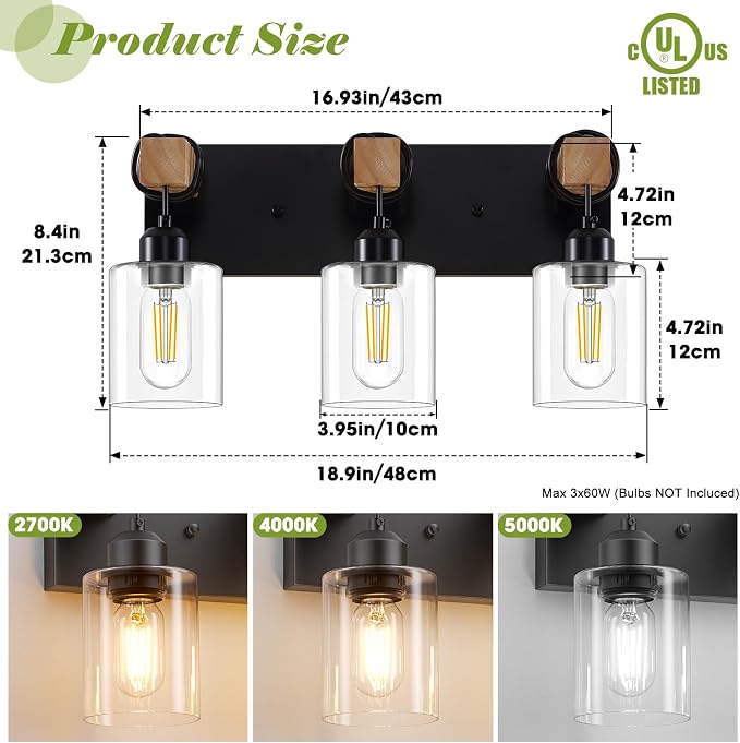 Licperron Farmhouse 3-Lights Wood Bathroom Vanity Light, Rustic Black Bathroom - Image 2