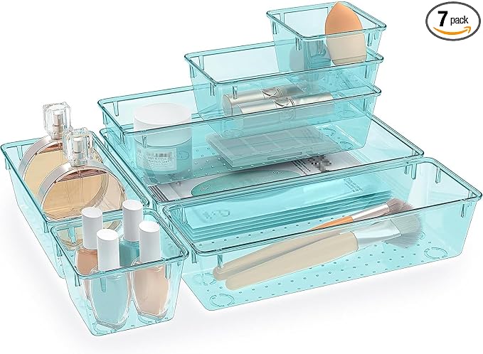 7 PCS Clear Plastic Drawer Organizers Set, 4 Size Desk Drawer Organizer Trays by StorMiracle