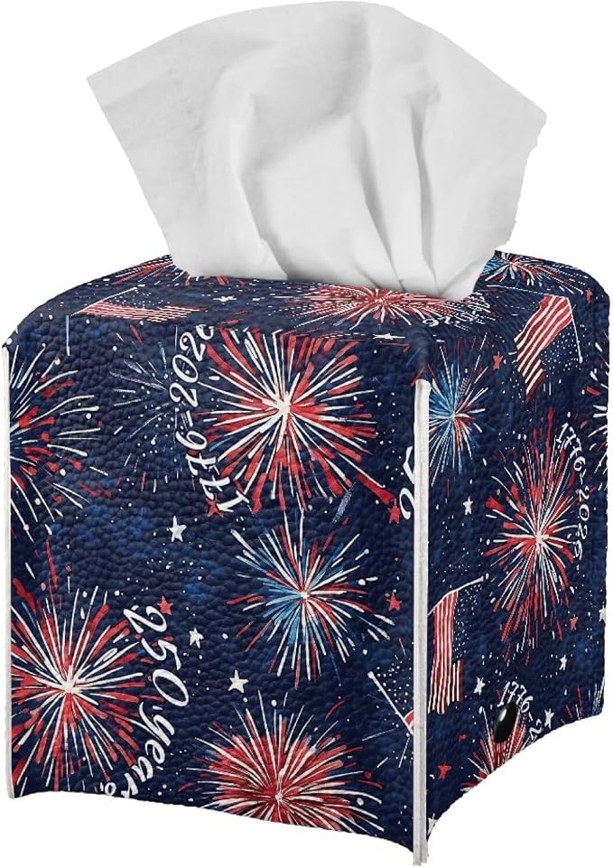 Firework USA Flag Tissue Box Holder Waterproof PU Leather Square Modern Tissue - Image 2