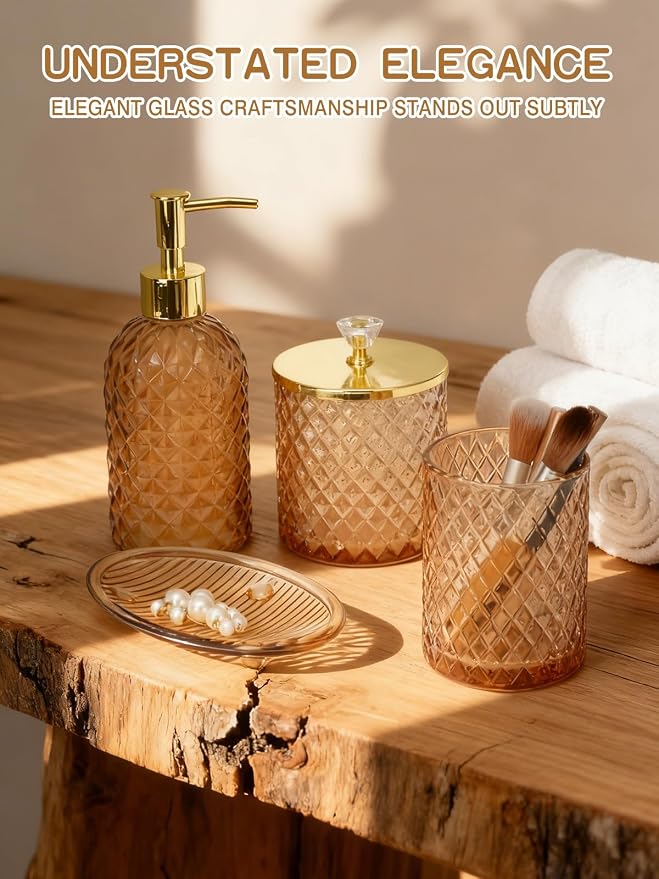 Haturi Amber Brown Bathroom Accessories Set, Toothbrush Holder, Qtip Holder - Image 4