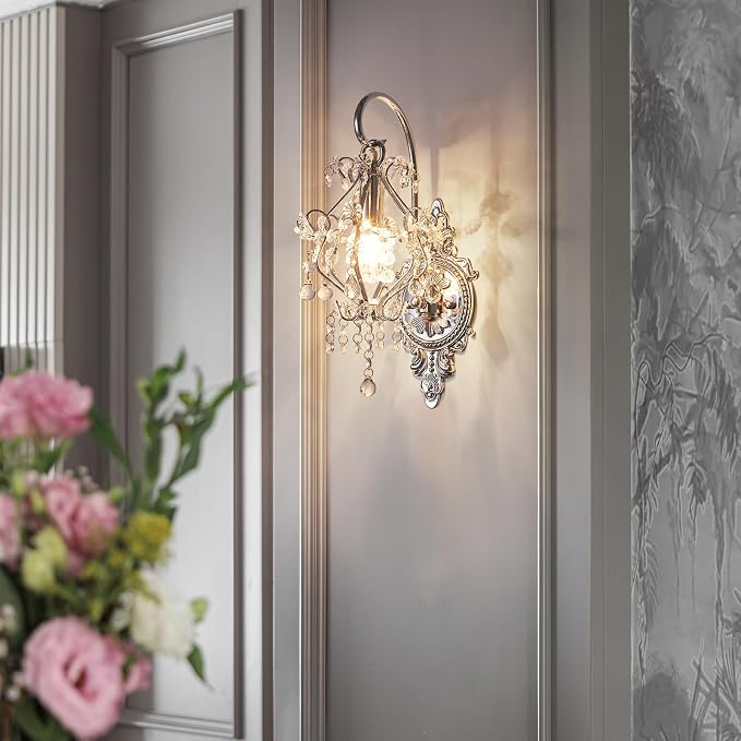 Silver Crystal Vintage Wall Sconces Set of 2 Indoor Hardwired Wall Light Fixture - Image 2