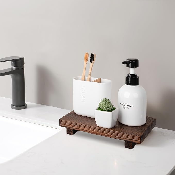 Bathroom Counter Organizer Wood Pedestal Stand Farmhouse Decorative Tray Soap - Image 2