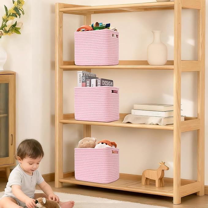 3 Pack Cube Storage Bin, 9”x9”x7” Cotton Rope Woven Baskets - Image 7