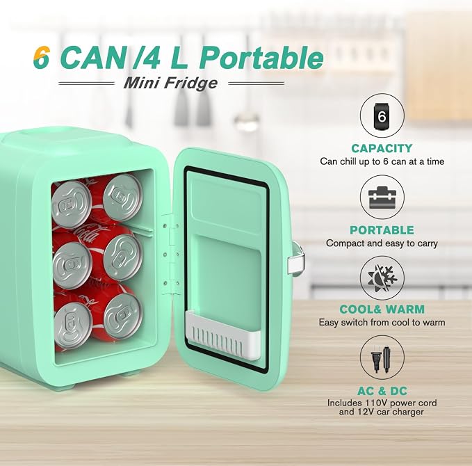 CROWNFUL Mini Fridge, 4 Liter/6 Can Portable Cooler and Warmer Personal - Image 2