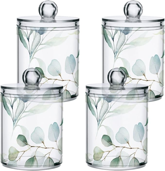 4 Pack Qtip Holder Dispenser Watercolor Green Eucalyptus Leaves Cotton Ball - Image 3