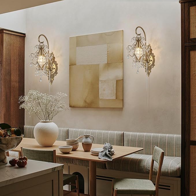 Gold Crystal Vintage Plug in Wall Sconces Set of 2 Indoor Wall Light Fixture - Image 3