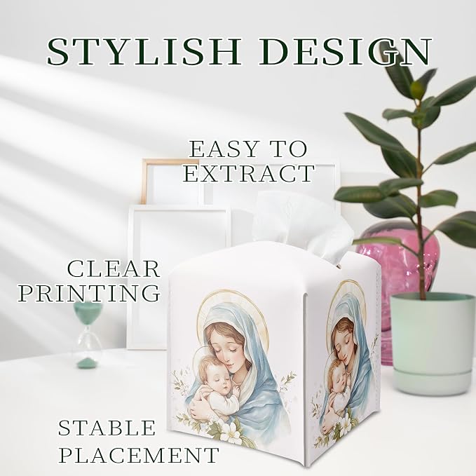 Holy Infant & Virgin Mary Square Tissue Box Cover, PU Leather Drawstring Bottom - Image 5