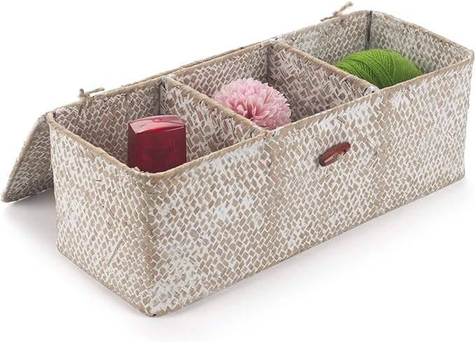 Seagrass Storage Basket with Lid Rectangular Small Woven Shelf Baskets with - Image 2