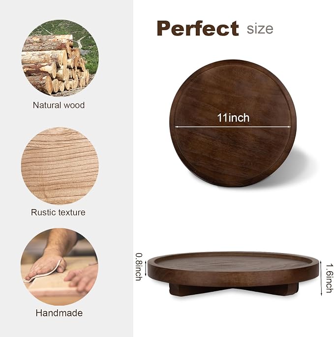 Round Decorative Tray Wood Bathroom Counter Organizer Farmhouse Kitchen Decor - Image 3