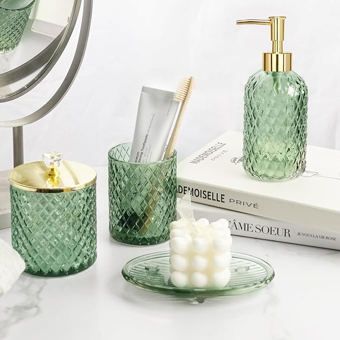 Green Bathroom Accessories 4Pcs of Glass Bathroom Counter Organizer Set - Image 2