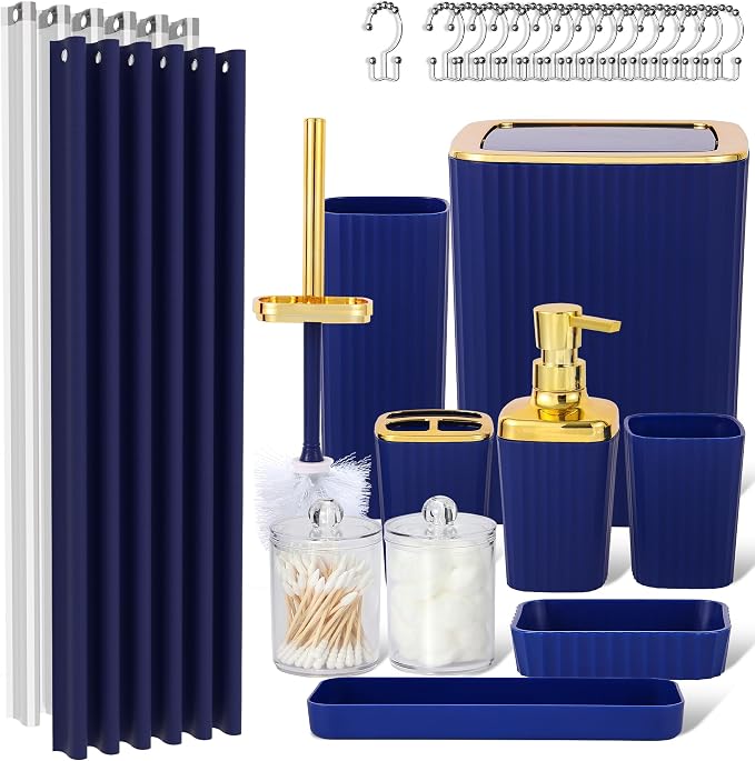Navy Blue Bathroom Set, Trash Can, Toothbrush Holder, Soap Dispensers, by Viowil