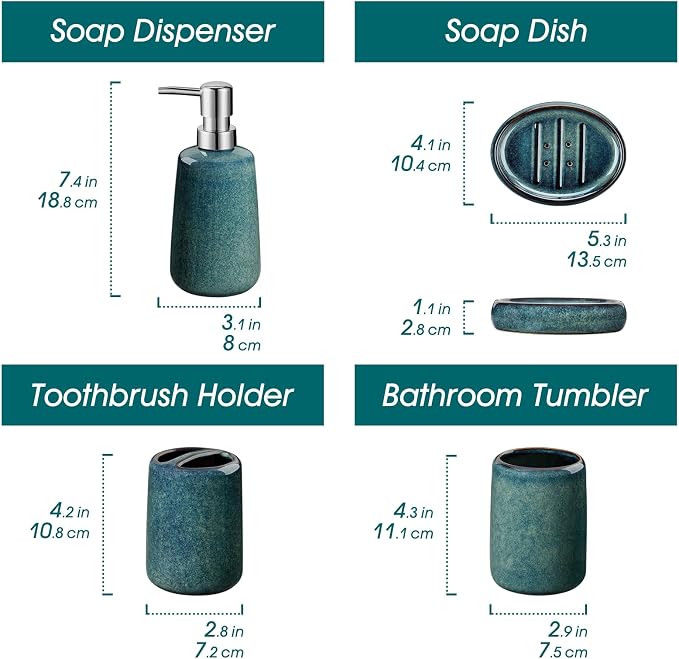 vancasso Green Bathroom Accessories Set, Ceramic Soap Dispenser and Toothbrush - Image 2