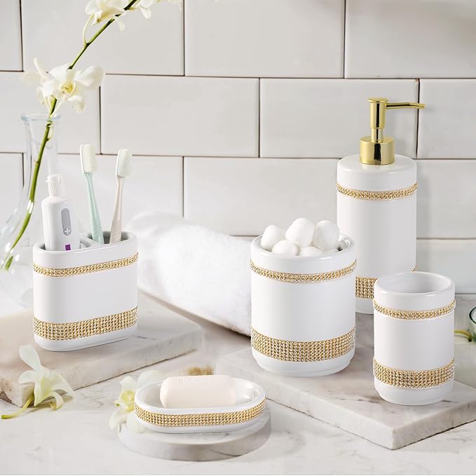 Bathroom Accessories Set with Diamonds 5 Pieces Toothbrush Holder Soap - Image 4