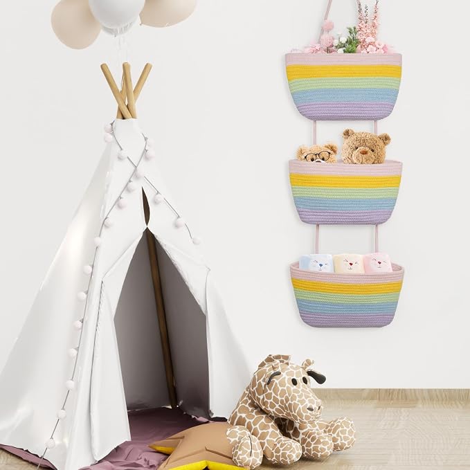 TeoKJ Over the Door Organizer, 3-Tier Woven Cotton Hanging Storage Baskets - Image 3