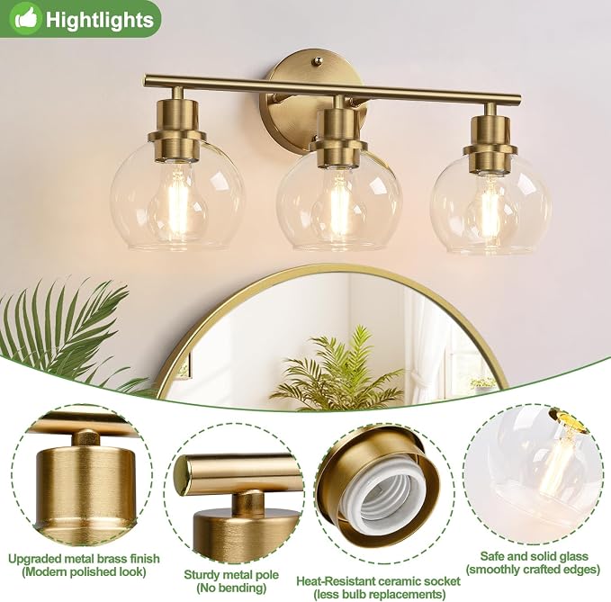 3-Light Bathroom Light Fixtures, Brushed Brass Bathroom Lights Over Mirror - Image 3