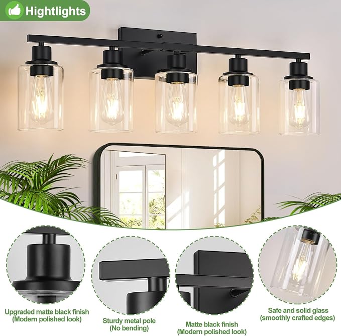 5-Light Bathroom Light Fixtures, Matte Black Modern Vanity Lights - Image 3
