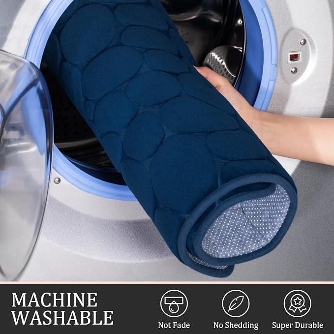 YIHOUSE Bathroom Rugs Mat Set 3 Piece Dark Blue, Memory Foam Bath Mats Sets - Image 5