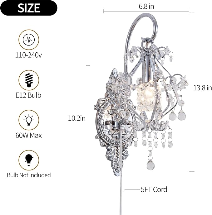 Silver Crystal Vintage Plug in Wall Sconces Set of 2 Indoor Wall Light Fixture - Image 6