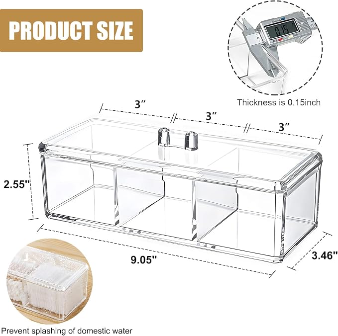 Qtip Holder Dispenser for Cotton Balls, Floss Picks, 3 Compartments Clear - Image 7