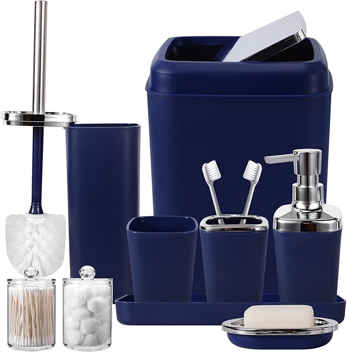 Navy Blue Bathroom Accessories Set, 9-Piece Plastic Gift Set by BetterbathroomwithXLHOME