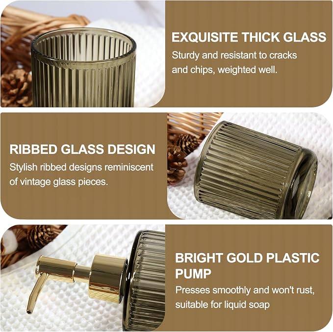 Brown Glass Bathroom Accessories 4 Pcs, Soap Dispenser and Toothbrush Holder Set - Image 4