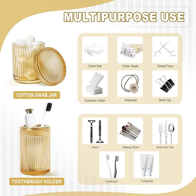 Gold Bathroom Accessories 4 Pcs, Qtip Holder Set, Glass Bathroom Soap Dispenser - Image 5